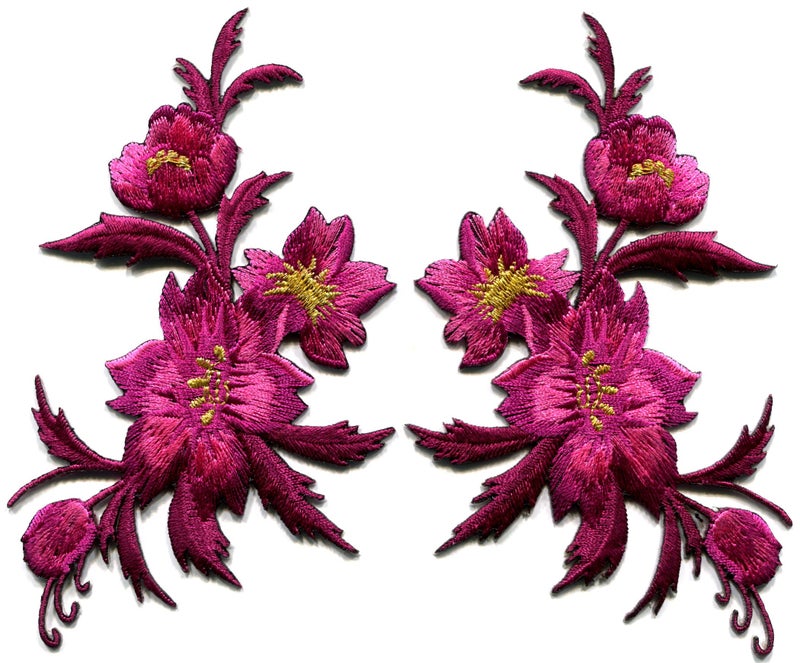 Fuschia Pink Flowers Pair Floral Bouquet Boho Embroidered Appliques Iron-on Patches S-981